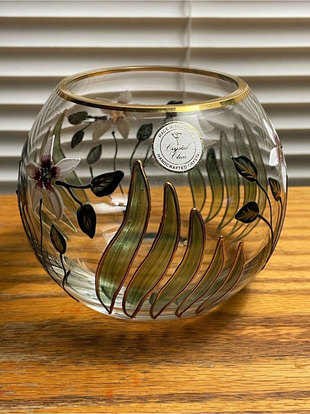 Romanian Crystal Clear Hand Painted Floral Rose Bowl Vase Gold Rim